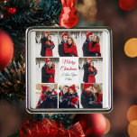 Adorno Metálico El día de San Valentín personalizado Collage de fo<br><div class="desc">Este hermoso regalo de honor de Feliz Día de San Valentín tiene un audaz guión rojo en el centro y tus nombres rodeados por 8 fotos románticas de pareja alrededor de la frontera. Seleccione las fotografías más dulces de su relación para hacer un collage de fotos dulce para su novio,...</div>
