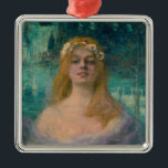 Adorno Metálico El Hada del Lago (por Kimon Loghi)<br><div class="desc">Este diseño presenta un cuadro del artista postimpresionista rumano Kimon Loghi (1871-1952). Representa a una hermosa hembra con flores en su pelo rubio. El hada se encuentra frente a un paisaje mágico y místico que contiene un gran lago azul. Hay cisnes blancos nadando en el lago detrás de la mujer...</div>
