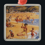 Adorno Metálico El tren británico madre e hijos de Beach Scene<br><div class="desc">Barmouth,  Inglaterra - Madre escénica de la playa y Poster británico del ferrocarril infantil - Barmouth,  Inglaterra fue creada en 1956. Esta imagen representa escenas de Barmouth,  Inglaterra.</div>