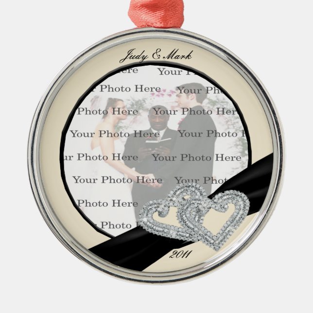 Adorno Metálico Elegant Diamond Black Ribbon Silver Round Ornament (Frente)
