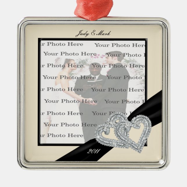 Adorno Metálico Elegant Diamond Black Ribbon SilverSquare Ornament (Frente)