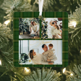 Adorno Metálico Elegant Green Tartan Family Photo Christmas Card