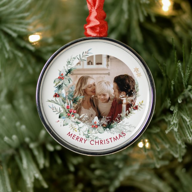Adorno Metálico Elegant Merry Christmas wreath photo Metal Ornamen (Árbol)