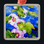 Adorno Metálico Elegante acuarela flores florales rosas Hollyhocks<br><div class="desc">hollyhock romántico original con una pequeña pintura acuarela de abejas con burbujas de H Cooper</div>