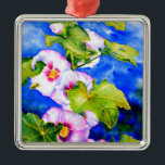 Adorno Metálico Elegante acuarela flores florales rosas Hollyhocks<br><div class="desc">hollyhock romántico original con una pequeña pintura acuarela de abejas con burbujas de H Cooper</div>