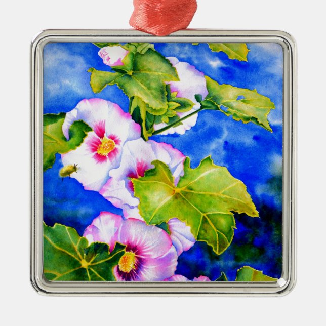 Adorno Metálico Elegante acuarela flores florales rosas Hollyhocks (Frente)