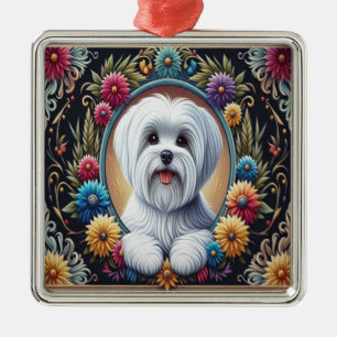 Adorno Metálico Elegante borde maltés de colores florales de perro