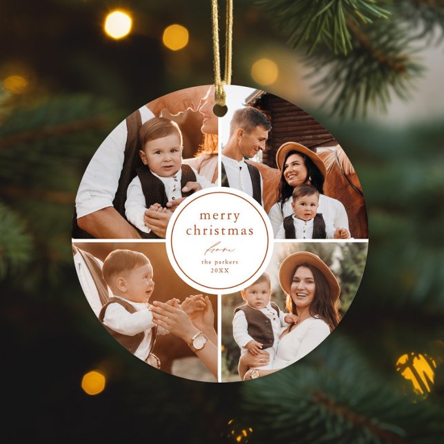 Adorno Metálico Elegante Collage de fotos Mínimo de Feliz Navidad (Simple elegant modern merry christmas photo collage christmas tree ornament.)