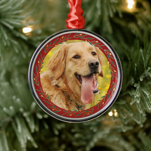 Adorno Metálico Elegante Crimson Gold Wreath Dog Photo (Árbol)