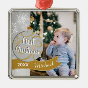 Adorno Metálico Elegante foto navideña del bebé Bauble