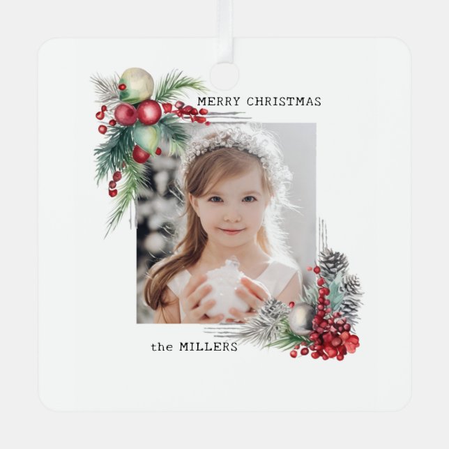 Adorno Metálico Elegante Navidades de acuarela moderna Foto con fl (Anverso)