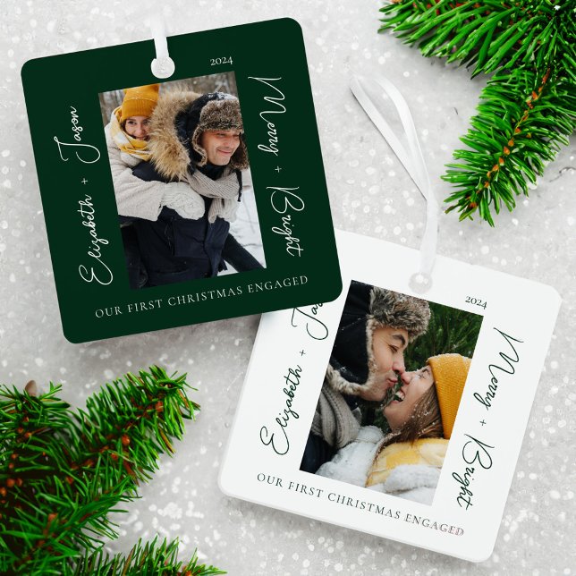 Adorno Metálico Elegante Navidades modernos de 1.ᵉʳ matrimonio Pho (Stylish Modern 1st Christmas Engaged Couple Photo Metal Ornament)