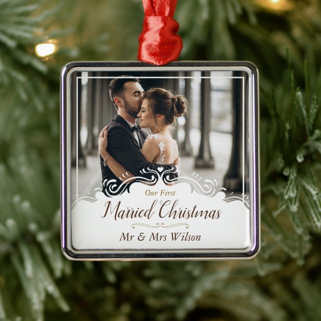 Adorno Metálico Elegante Nuestra Primera Navidad Casada Una Foto (Árbol)