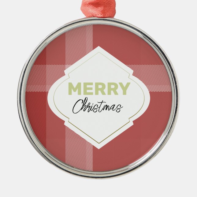 Adorno Metálico Elegante Red Merry Christmas Tartán Borgoña (Frente)