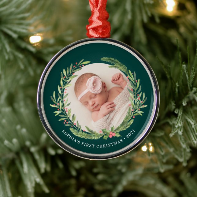 Adorno Metálico Elegante Wreath First Christmas Photo Green (Árbol)