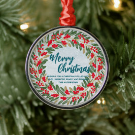 Adorno Metálico Elegante Wreath Red Holly Berries Oro Feliz Navida