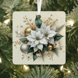 Adorno Metálico Elegantes Navidades Poinsettia blanca con oro