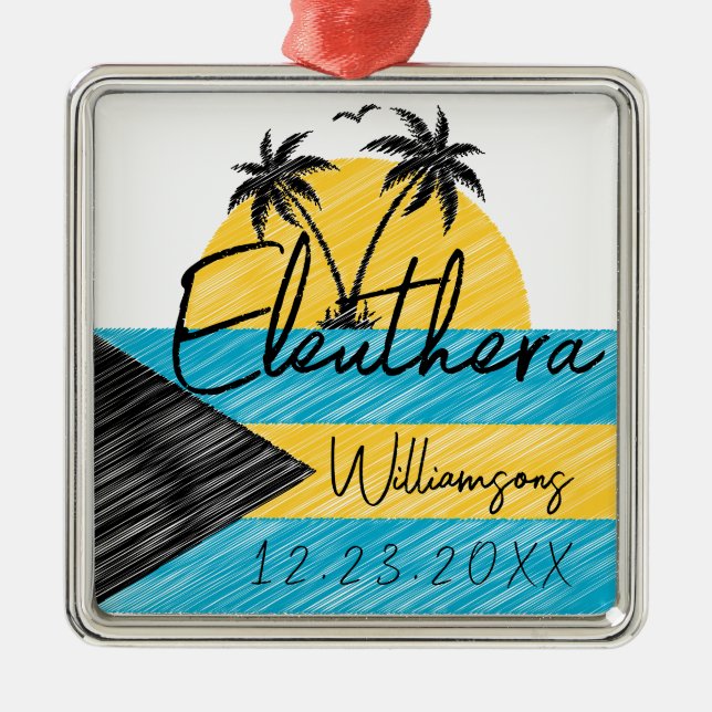 Adorno Metálico Eleuthera Bahamas Flag Palm Tree Sunset Souvenirs (Frente)