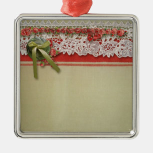 Adorno Metálico Encaje de Rosa Antiguo Arpillera Roja Victoriana R