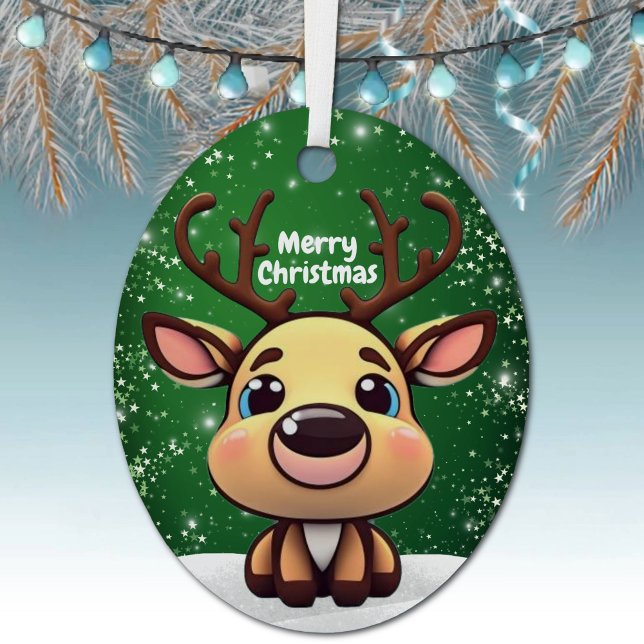 Adorno Metálico Enchanting Young Buck Starry Green Whimsical  🎄🦌 (Enchanting Young Buck Green Whimsical Winter Woodland Wildlife Animal Oval Metal Xmas Ornament 🦌🎄)