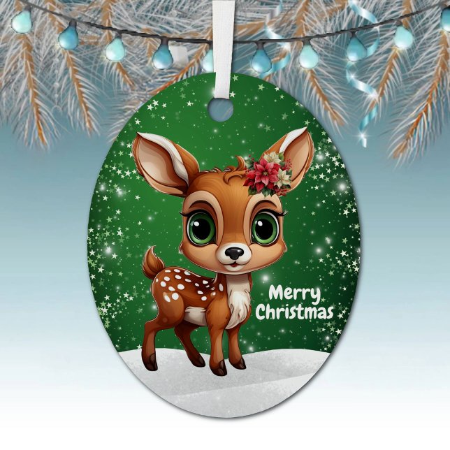 Adorno Metálico Enchanting Young Buck Starry Green Whimsical  🎄🦌 (Enchanting young buck starry green ornament, cute floral baby deer woodland wildlife gift tag 🦌🎄)