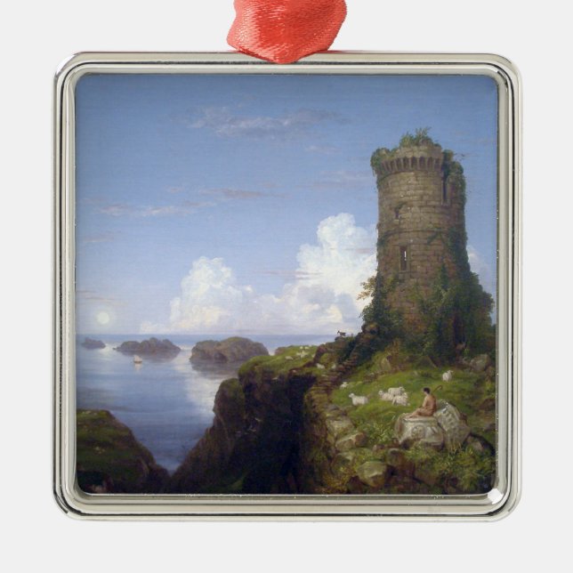 Adorno Metálico Escena costera italiana con una torre en ruinas (Frente)
