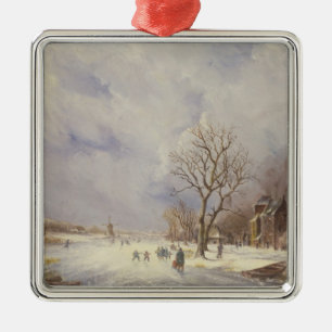 Adorno Metálico Escena del canal del invierno, siglo XIX