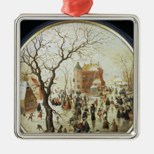Adorno Metálico Escena del invierno con los patinadores cerca de