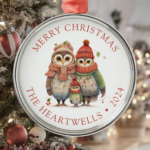 Adorno Metálico Familia de búhos personalizada Feliz Navidad