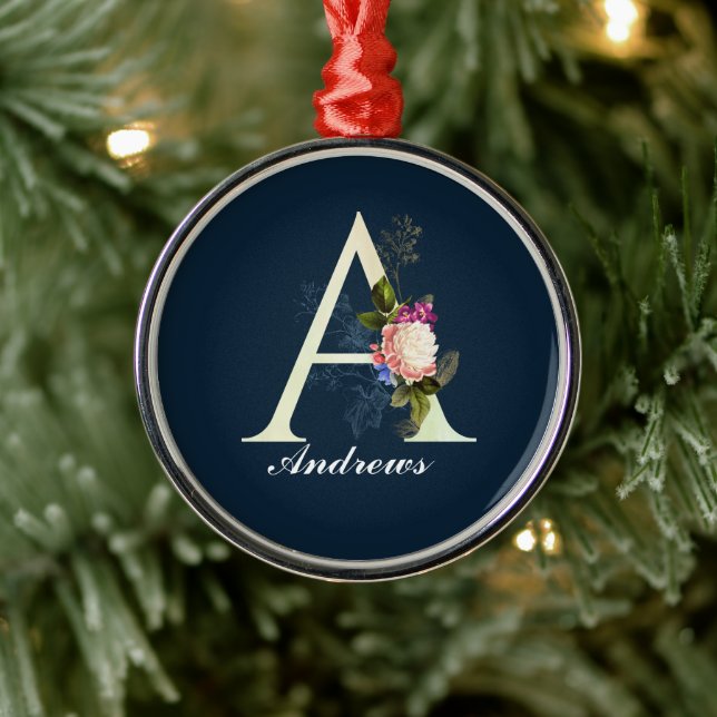 Adorno Metálico Fancy Floral Monograma A Azul oscuro (Árbol)