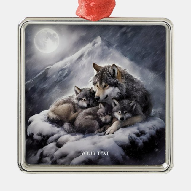 Adorno Metálico Fantasy Cute Wolf Family Winter (Frente)