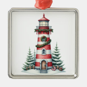 ADORNO METÁLICO FARO DE NAVIDAD NAUTICO CON RAYAS ROJAS Y BLANCAS