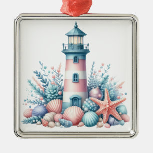 ADORNO METÁLICO FARO DE NAVIDAD NAUTICO ROSA Y AZUL PASTEL