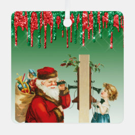 Adorno Metálico Faux Purpurina Vintage Santa y Chica por teléfono