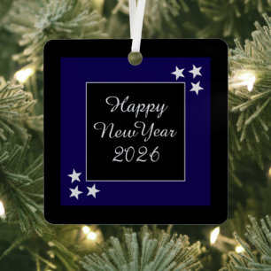 Adorno Metálico Feliz Año Nuevo 2026 Estrellas Plateadas Negras y 