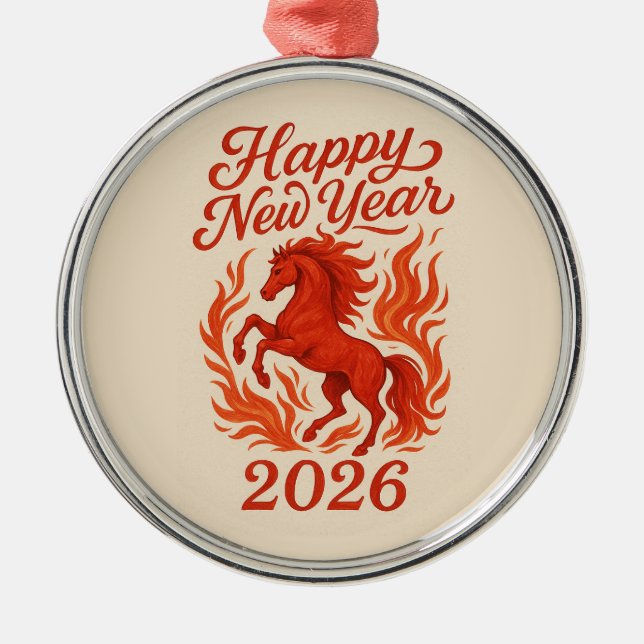 Adorno Metálico Feliz Año Nuevo 2026 Fiery Horse (Frente)