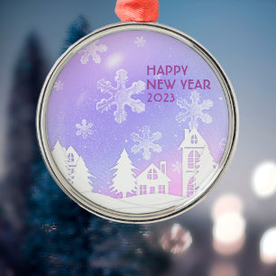 Adorno Metálico Feliz Año Nuevo morado Casa Blanca Nieve Metalizad