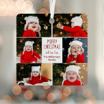 Adorno Metálico Feliz Collage de fotos navideño Cute Guión Rojo<br><div class="desc">Este adorable y moderno ornamento metalizado de Feliz Navidad cuenta con un elegante diseño de 6 fotos familiares sobre un fondo blanco con tipografía de color rojo bonito. Este hermoso regalo de decoración para las vacaciones fotográficas de los niños presenta el collage de fotografías de sus propios hijos que rodea...</div>