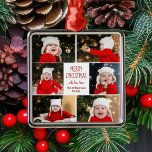 Adorno Metálico Feliz Collage de fotos navideño personalizado<br><div class="desc">Este adorable ornamento personalizado de Feliz Navidad cuenta con un elegante diseño de 6 fotos familiares sobre un fondo blanco con tipografía verde y rojo bonito. Este hermoso regalo de decoración para las vacaciones fotográficas de los niños presenta el collage de fotografías de sus propios hijos que rodea su mensaje...</div>