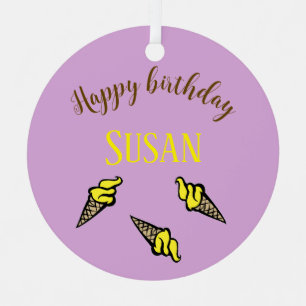 Adorno Metálico Feliz cumpleaños, helado amarillo en morado