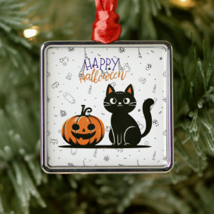 Adorno Metálico Feliz gato y calabaza de Halloween
