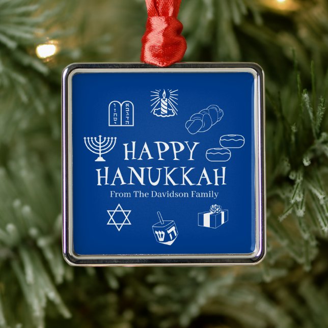 Adorno Metálico Feliz Hanukkah favores de nombre personalizado azu (Árbol)