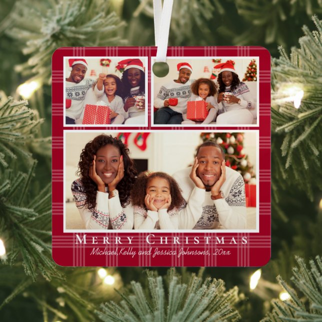 Adorno Metálico feliz navidad 3 fotos collage búfalo rojo plaid (in situ)