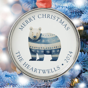 Adorno Metálico Feliz Navidad al oso polar azul personalizado de 2
