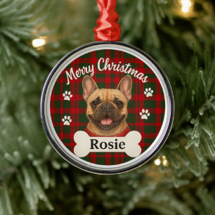 Adorno Metálico Feliz Navidad Bulldog Francés Cuadro Rojo y Verde