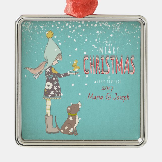 Adorno Metálico Feliz Navidad - Chica de Navidad Perro editable Te (Frente)