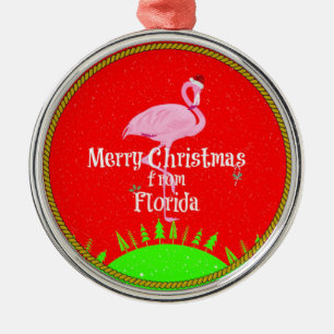 Adorno Metálico Feliz Navidad desde Florida y Santa Flamingo