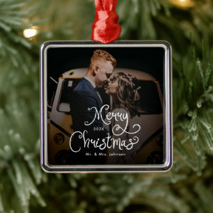 Adorno Metálico Feliz Navidad Escritura Caprichosa Foto Personaliz