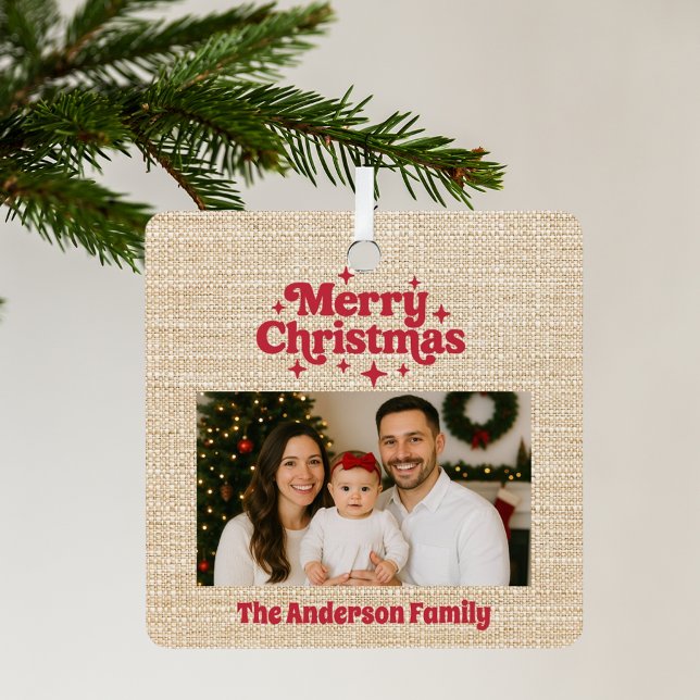 Adorno Metálico Feliz Navidad foto roja beige burlap (Subido por el creador)