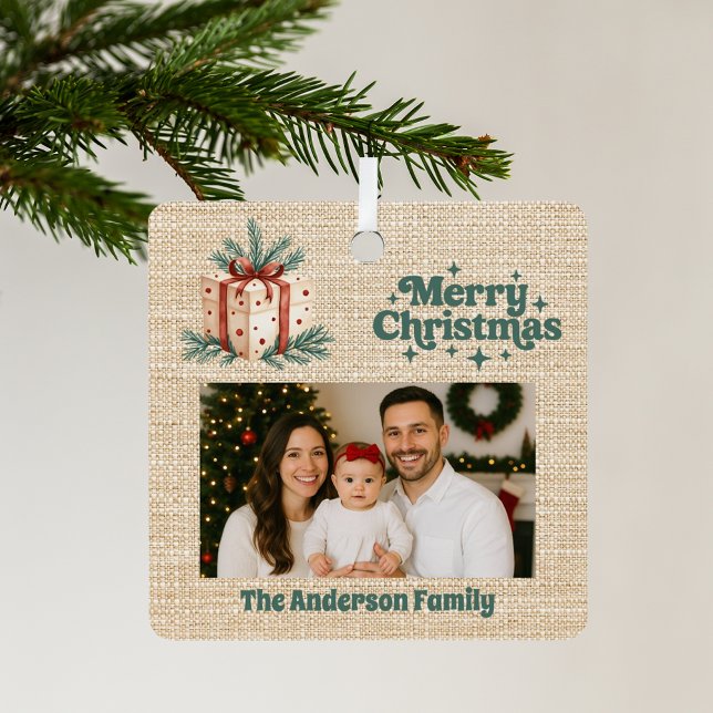 Adorno Metálico Feliz Navidad foto roja beige burlap caja de regal (Subido por el creador)
